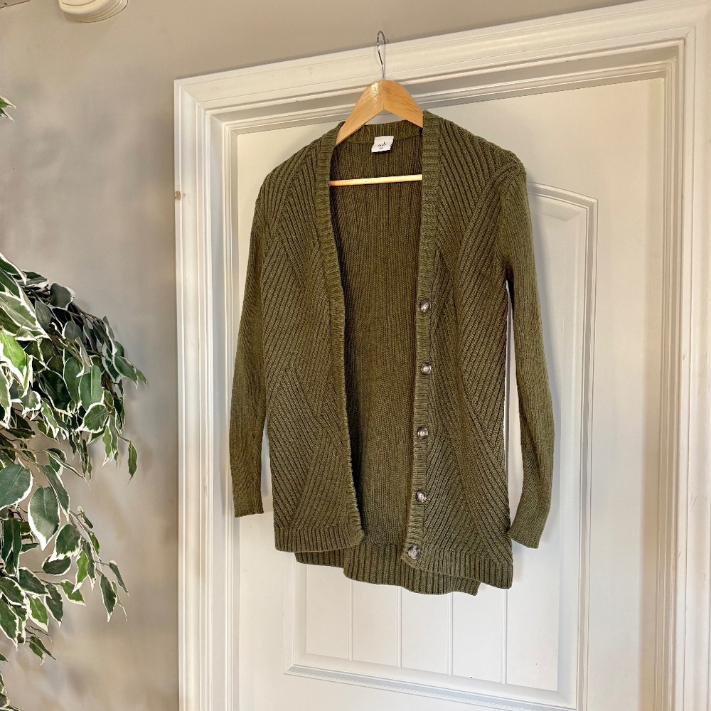 CAbi Aerial Cardigan Olive Green Button Front Sweater Size XXS Style 3536